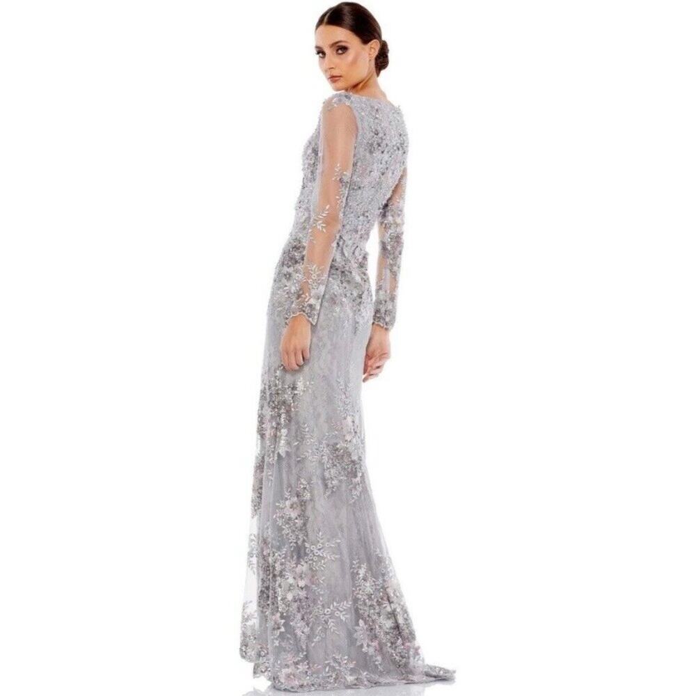 Mac Duggal Evening Gown Dress Size 8 Floral Embroidered Lace 67539 Platinum Gray - Picture 5 of 8